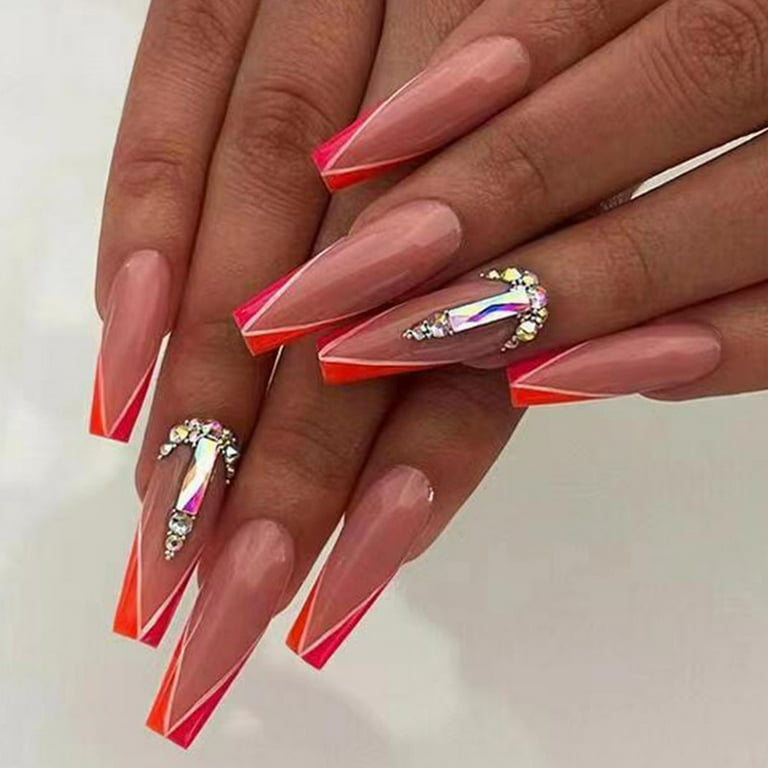 HSMQHJWE Clear Acrylic Nail Tips No Curve Long Ballet Nails Square Diamond Two Color Edge Orange Red Color Matching Nail Piece Wearable Nail Sticker