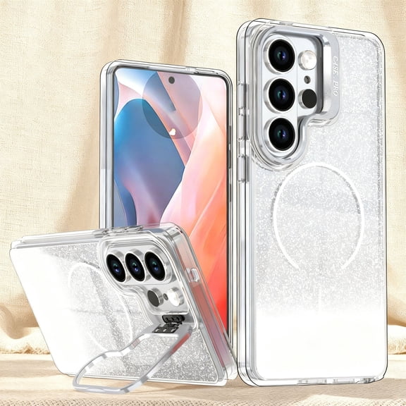 Designed For Samsung Galaxy S25 FE Phone case,Luxury Gradient Two-color Glitter Back,Compatible with Mag-Safe,With Contractile Lens Ring Kickstand,Ultra Slim Shockproof Anti-fall Phone Case,White