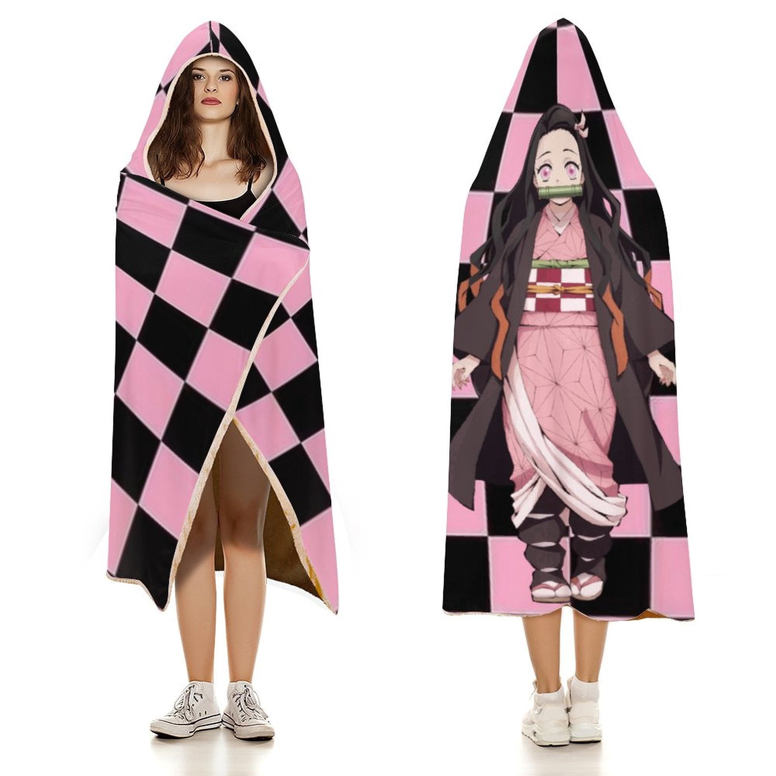 Kamado Nezuko Wearable Blanket Cloak Arctic Velvet Hooded Blanket Soft Fuzzy Hoodie Blanket Cape for Adults Kids 50"x60"