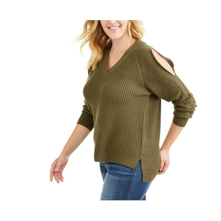 Juniors' Plus Cold Shoulder Cable Sweater