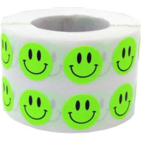 Fluorescent Green Circle Happy Face Stickers, 0.5 Inch Round, 1000 Labels on a Roll