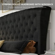 VanAcc Queen Size Platform Bed Frame, Velvet Upholstered Sleigh Bed Frame with Scroll Wingback Headboard & Footboard/Button Tufted/Easy Assembly/Black