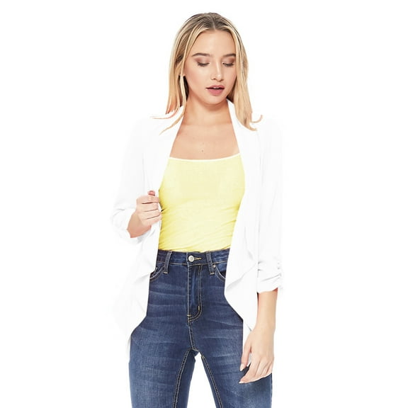 MOA Collection Women's Stylish Open Front Woven Blazer - 3/4 Sleeve Office Cardigan