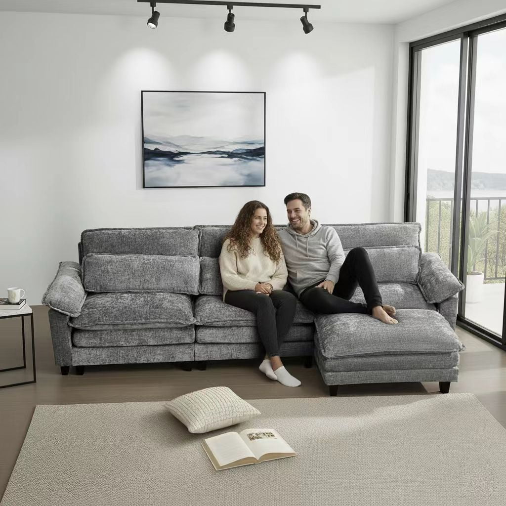 Howcool 113" Modular Sectional Sofa , 3 Seater L-Shaped Cloud Couch with Movable Ottoman, USB Charging Ports & Side Pockets, Sectional couchs for Living Room,Chenille Fabric,Grey(Thick Sponge)