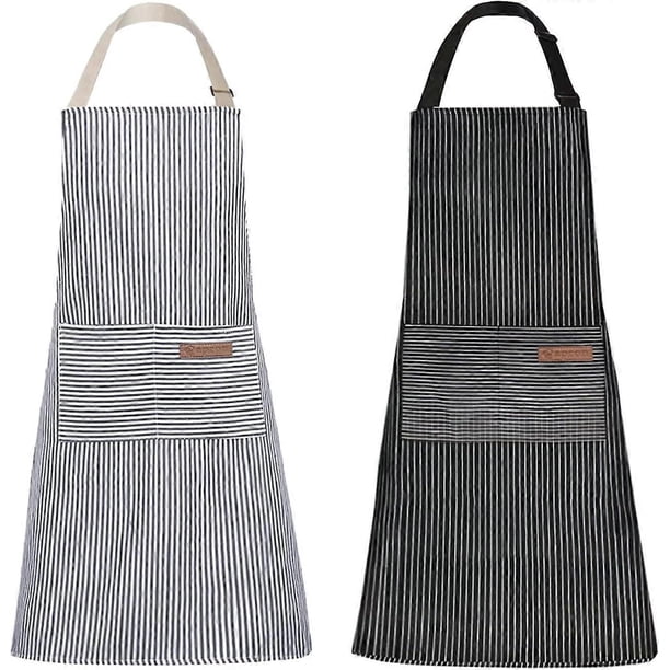 2 Pieces Kitchen Cooking Aprons, Cotton Polyester Blend Adjustable Bib Aprons with 2 Pockets for Women Men Chef Chef (Navy/Black Stripes, 2)