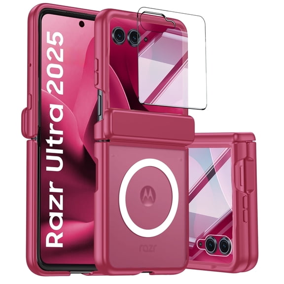 Vizvera for Motorola Razr Ultra 2025 Case,with Magnetic Power [Slim Design][Screen Protector][Hinge Protection] Translucent Matte Shockproof Protective Phone Case for Razr 60 Ultra-Rose Red