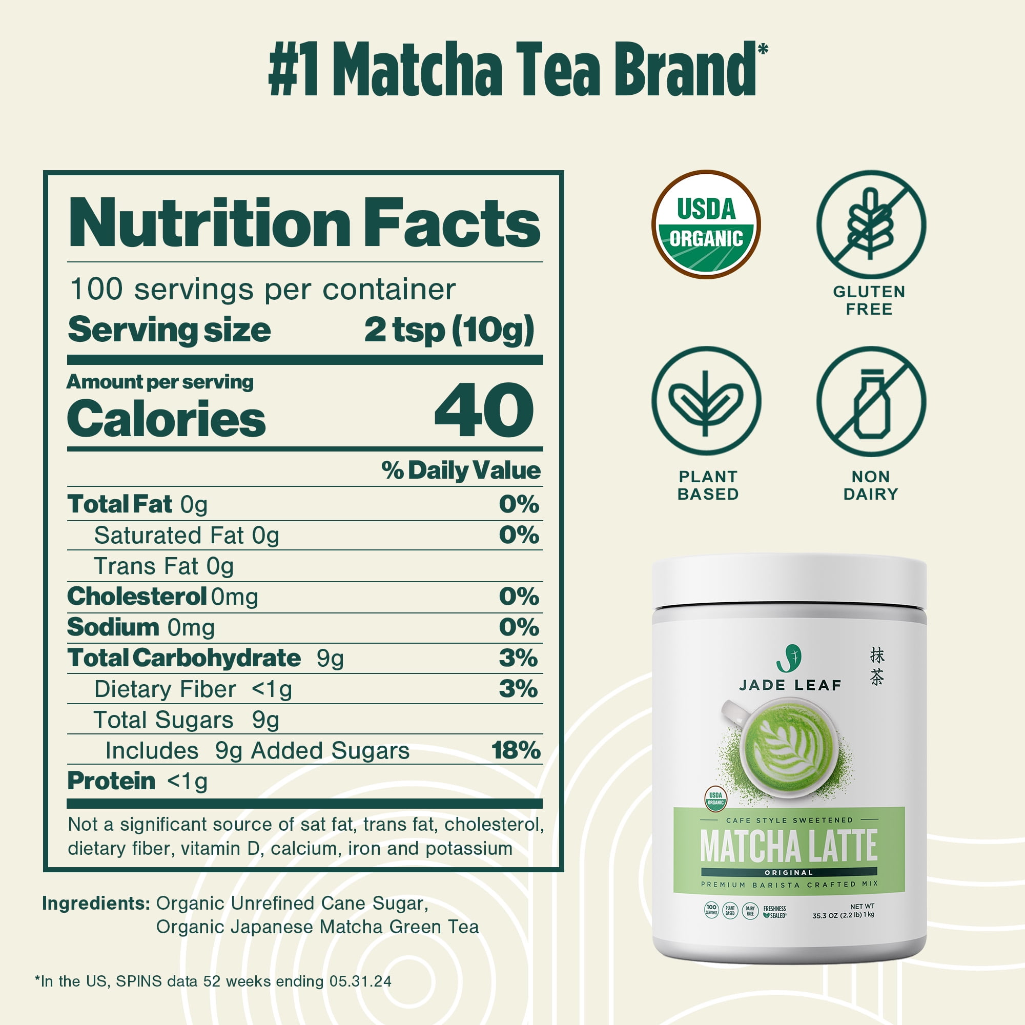 Jade Leaf Organic Matcha Latte Mix, Dairy-Free Matcha Powder, 35.3 oz Tub