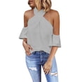 thumbnail image 1 of WEAIXIMIUNG Valentine's Day Women Casual Slim Back Zipper Solid Color Short Sleeve Patchwork Top, 1 of 4