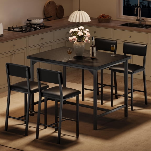 Retro Black Counter Height Dining Table Set With 4 Upholstered Bar Chairs For Small Kitchen Space