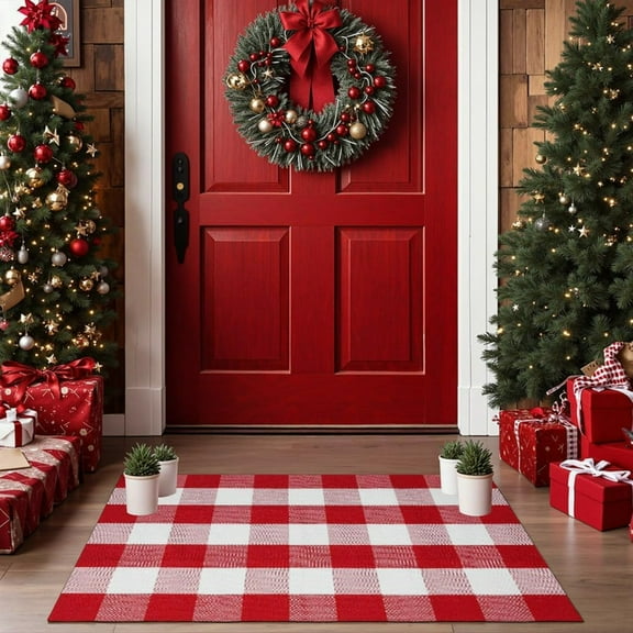 Christmas Door Mat Outdoor - 27.5 x 43 Inch Red White Plaid Washable Cotton Hand-Woven Layered Rug for Front Porch, Kitchen, Farmhouse, Entryway Decor