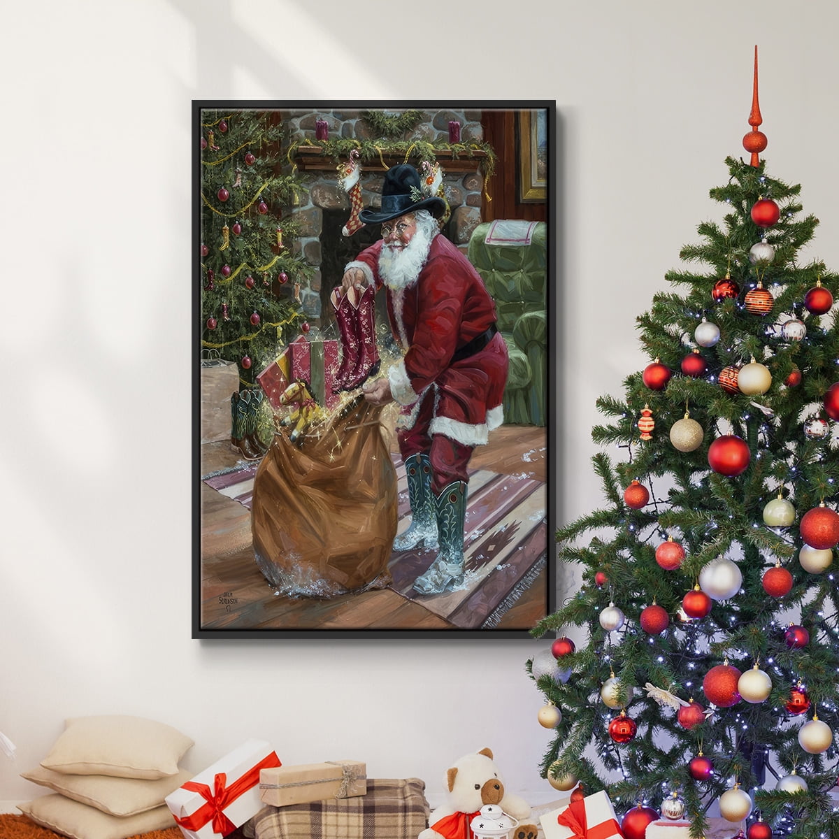 New Boots for Christmas - Framed Gallery Wrapped Holiday Canvas - 27 x 41 - Black Frame