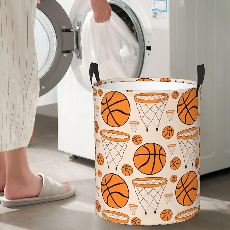 Basketball Balls Sport Theme Round Laundry Hamper Storage Basket Toys Clothes Organizer Bin For Home Bathroom Bedroom Dorm Nursery