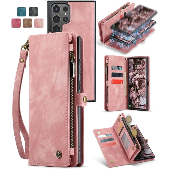 2 in 1 Detachable for Samsung Galaxy S24 Ultra Wallet Case with Card Holder, Retro Premium Flip Leather Cover Magnetic Zipper Pocket Phone Cases 6.8''