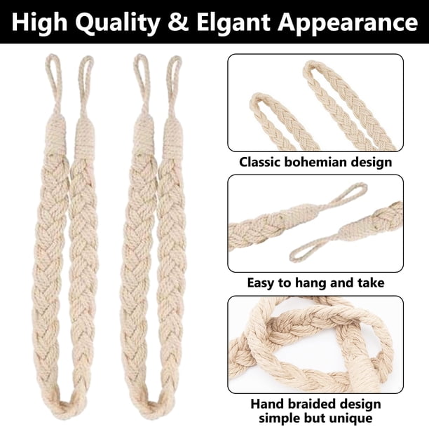 2 alzapaños de algodón natural para cortinas, elegantes alzapaños decorativos de estilo bohemio, suaves y tejidos a mano para decoración de cortinas de hogar, oficina y cafetería (beige)