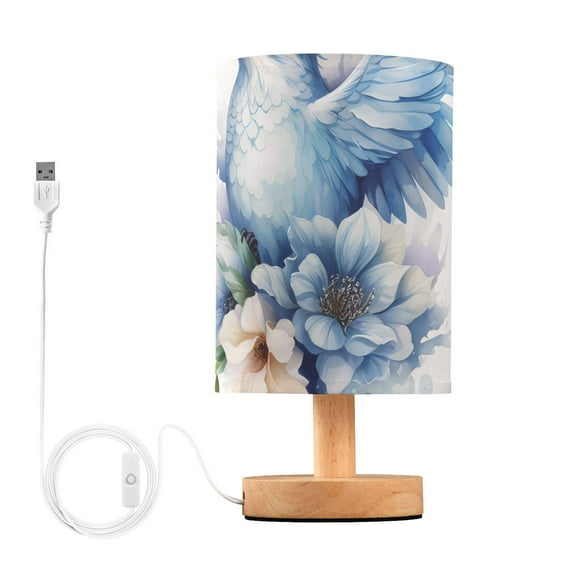 Blue Bird with Flowers Table Lamp USB Bedside Desk Nightstand Lamp Printed Gifts Small Lamp Wood Base for Bedroom Living Room Kids Room College Dorm