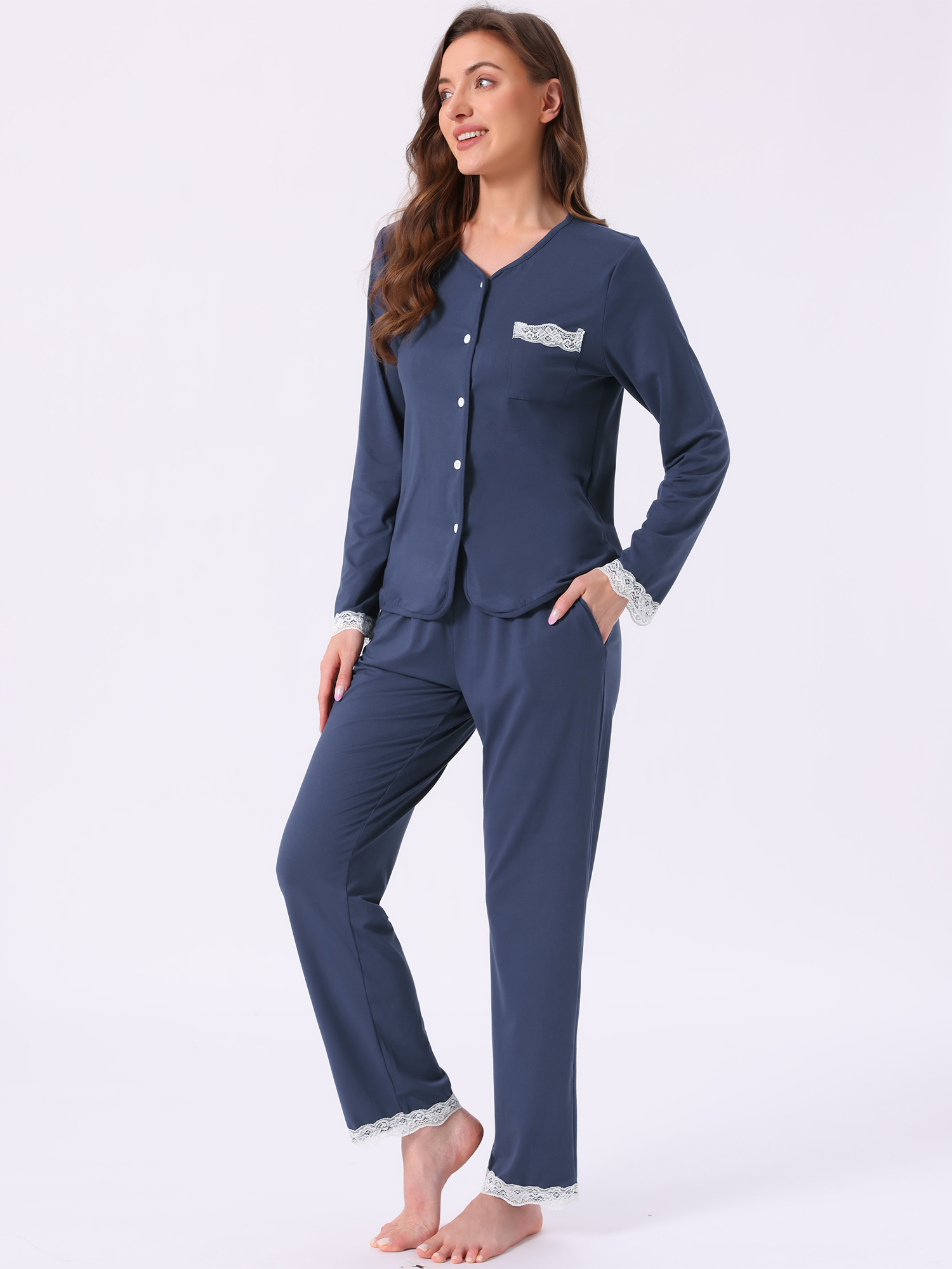 DARING DIVA Pajama Sets Lace Trim Elastic Waist Pant Loungewear 2XL Dark Blue