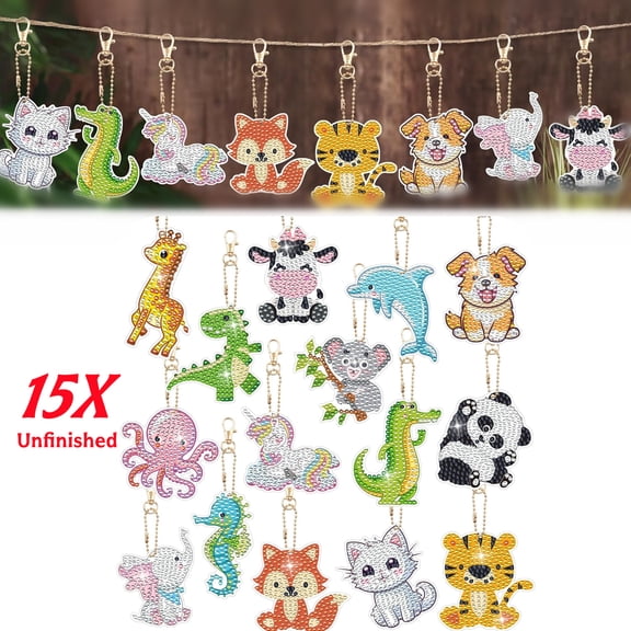 15 Pcs Diamonds Art, Animals Art Painting Keychains Kits by Numbers Creat Your Own Gem DIY Diamond Art Hanging Key Rings for Boys Girls Adult Beginners Craft Oranments Party Gifts