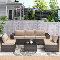 Kullavik 6 Pieces Outdoor Patio Furniture Set with Coffee Table and Seat Cushion PE Wicker Rattan Sectional Sofa Patio Conversation Set,Sand