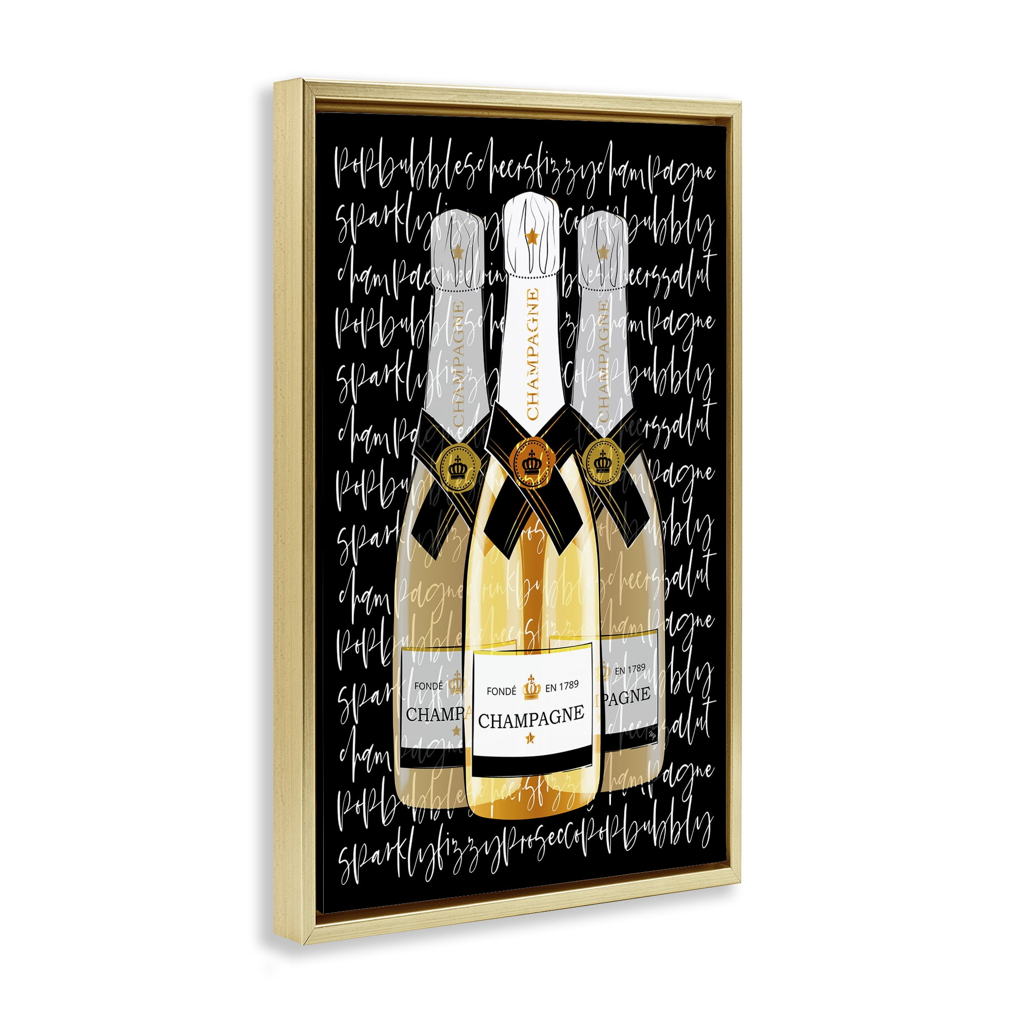 Stupell Industries Triple Champagne Bottle Love Gold Framed Floater Canvas Wall Art, design by Martina Pavlova