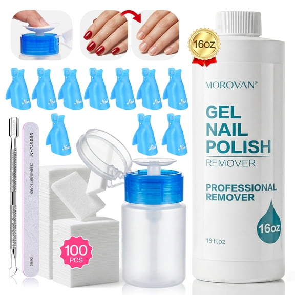 Morovan Gel Nail Polish Remover with Nail Clips ,Cuticle Pusher ,100pcs Cotton Pad for Home,16 oz