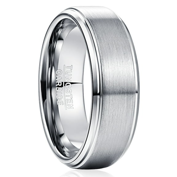 8mm Men's Silver Tungsten Carbide Rings Wedding Band with Step Beveled Edges Brushed Finish Size 7-12