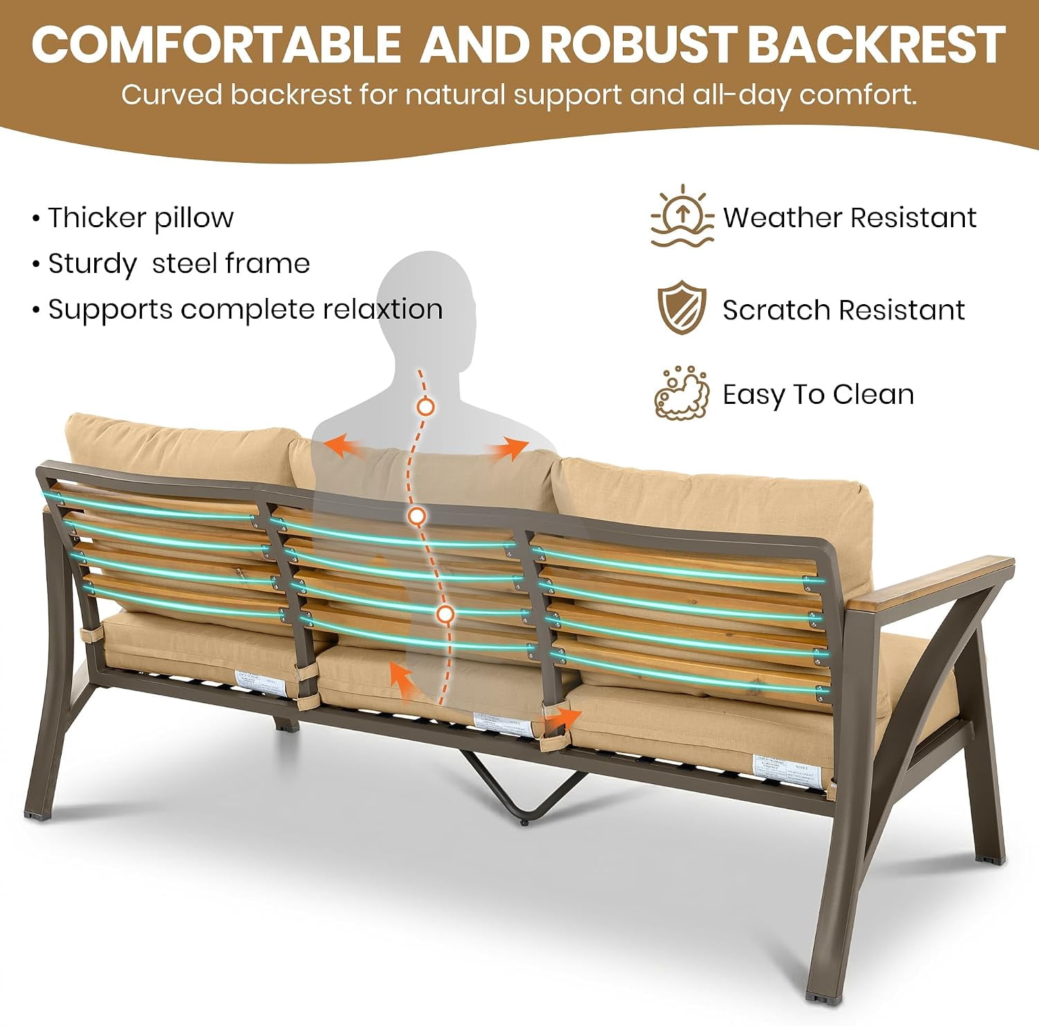 6-Piece Outdoor Patio Seating Set with Ottomans, Steel Frame Sofa & Acacia Wood Coffee Table, Brown Cushions