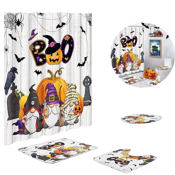 Cute Halloween Shower Curtain Set, 4Pcs Spooky Cartoon Cat Pumpkin and Ghost Bathroom Sets with Non Slip Rugs, Toilet Lid Cover, Bath Mat, Shower Curtain, Bathroom Decor