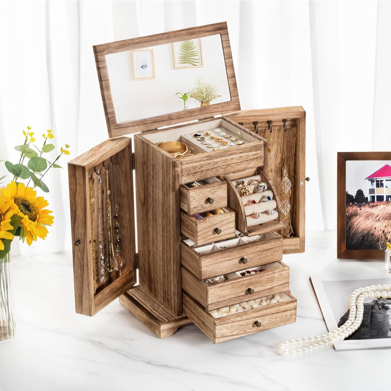 Jewelry Box for Women, 6 Layer Rustic Wooden Jewelry Boxes