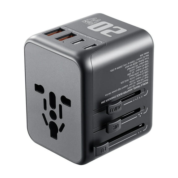 Universal Travel Adapter International 5 in 1 USB AC Wall Charger with 2 USB-A, 2 USB-C Ports, 1 AC Outlet, Compact & Portable Plug Adapter for Over 200 Countries, Multi-Device Fast Charging
