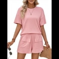 thumbnail image 3 of Conjunto de Dos Piezas de Pantalones Cortos A Juego para Mujer, de Punto, con Bolsillos, Cuello Redondo, Corta y Verano. Rosa L, 3 of 10