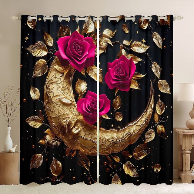 Erosebridal Rideaux Roses Rouges Lot de 2 (38x54), Rideaux Occultants Romantiques de la Saint-Valentin 30 %-50 %, Décor de Feuilles Dorées