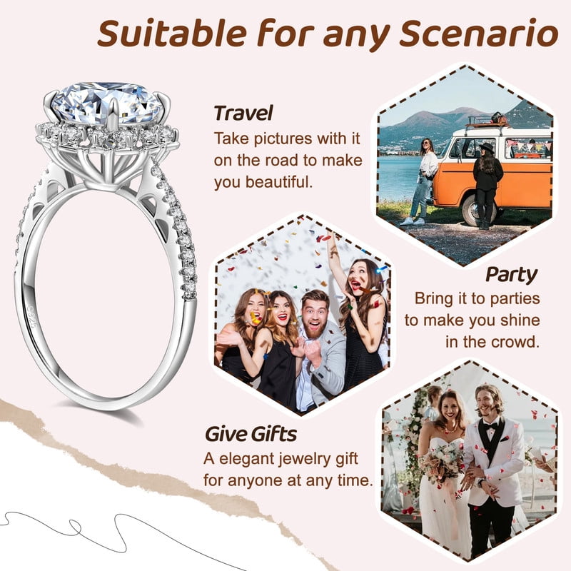 Aurora&Fiori 0.5carat Round Cut Moissanite Engagement Ring for Women 18K White Gold Plated S925 Sterling Silver Flower Halo Promise Ring