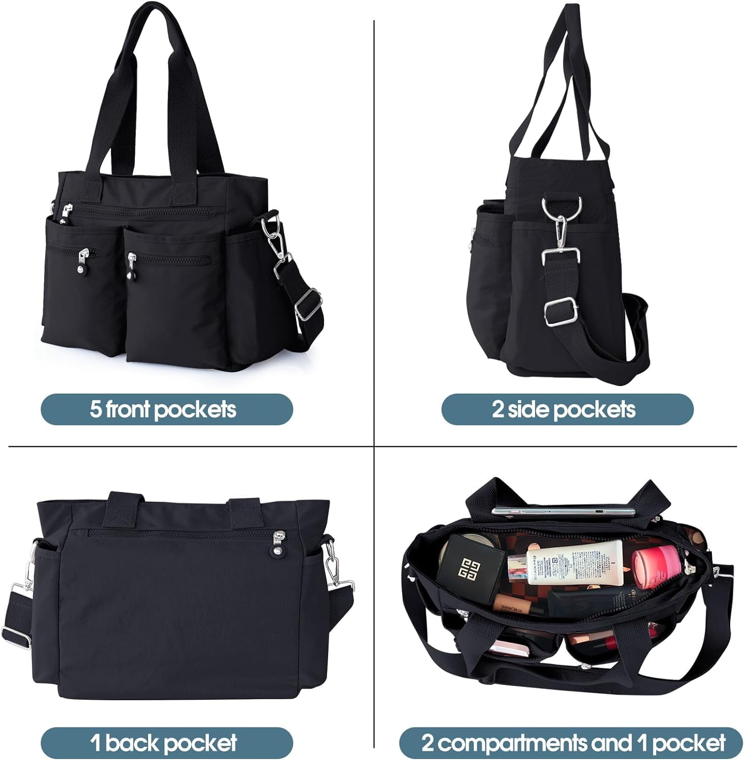 Canvas Tote Bag with Multi Zipper Pockets Crossbody Tote Bag for Women Large Shoulder Handbag Tote Bag with Compartments