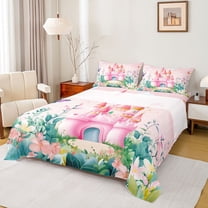 Feelyou Kawaii Pink Castle Twin Sheet Sets for Girl, Dreamy Fairy Tale Twin Fitted Sheet, Spring Flower Floral Flat Sheet, Microfiber Bedroom Decor, 3-Piece
