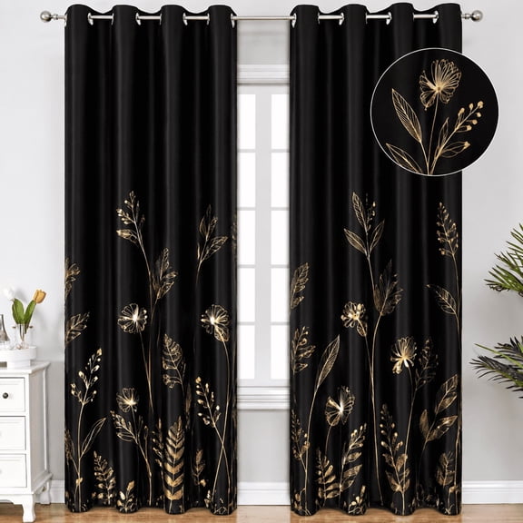 Voguly 100% Blackout Curtains, 30 x 36 in, Black Gold Floral, Set of 2 Panels, Grommet Window Drapes