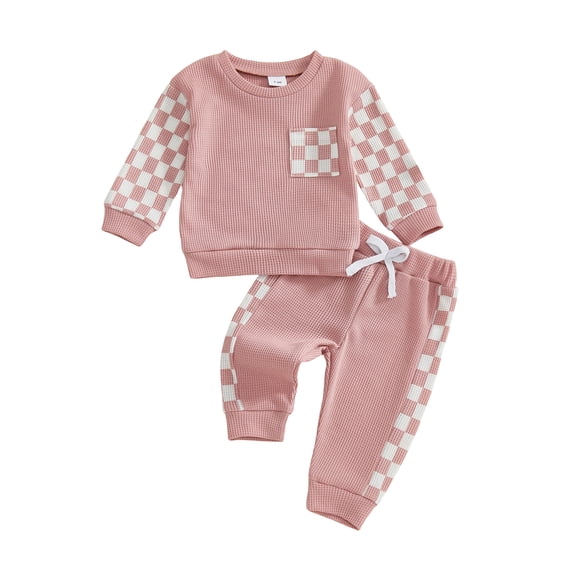 BemeyourBBs Toddler Baby Boy Girl Spring Fall Winter Outfits Waffle Knit Checkerboard Patchwork Long Sleeve Crewneck Pullover Swetshirt Top Jogger Pants Set 2pcs Sweatsuit Clothes