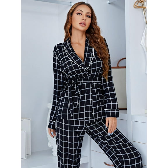 ebukurty Pajamas for Women Sets 2 Piece Black Paired Belted Long Sleeve Robe V Neck Sleepwear, Sizes S-XL