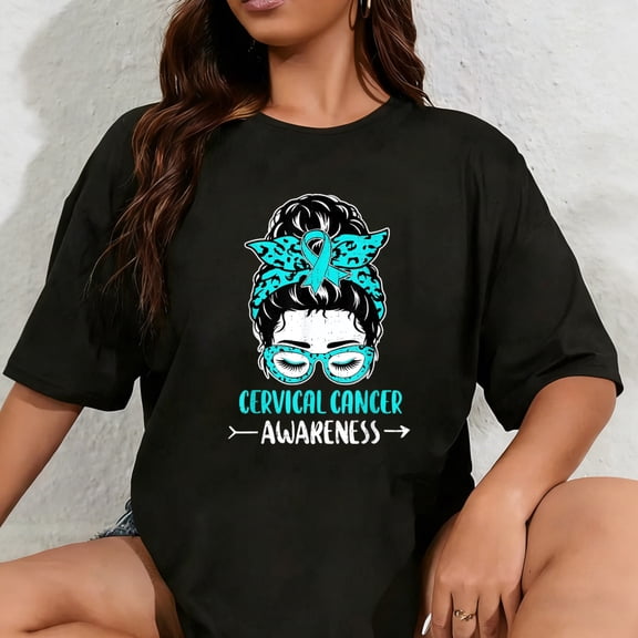 100% Cotton Womens Cervical Cancer Awareness Messy Bun Ribbon Teal T-Shirt