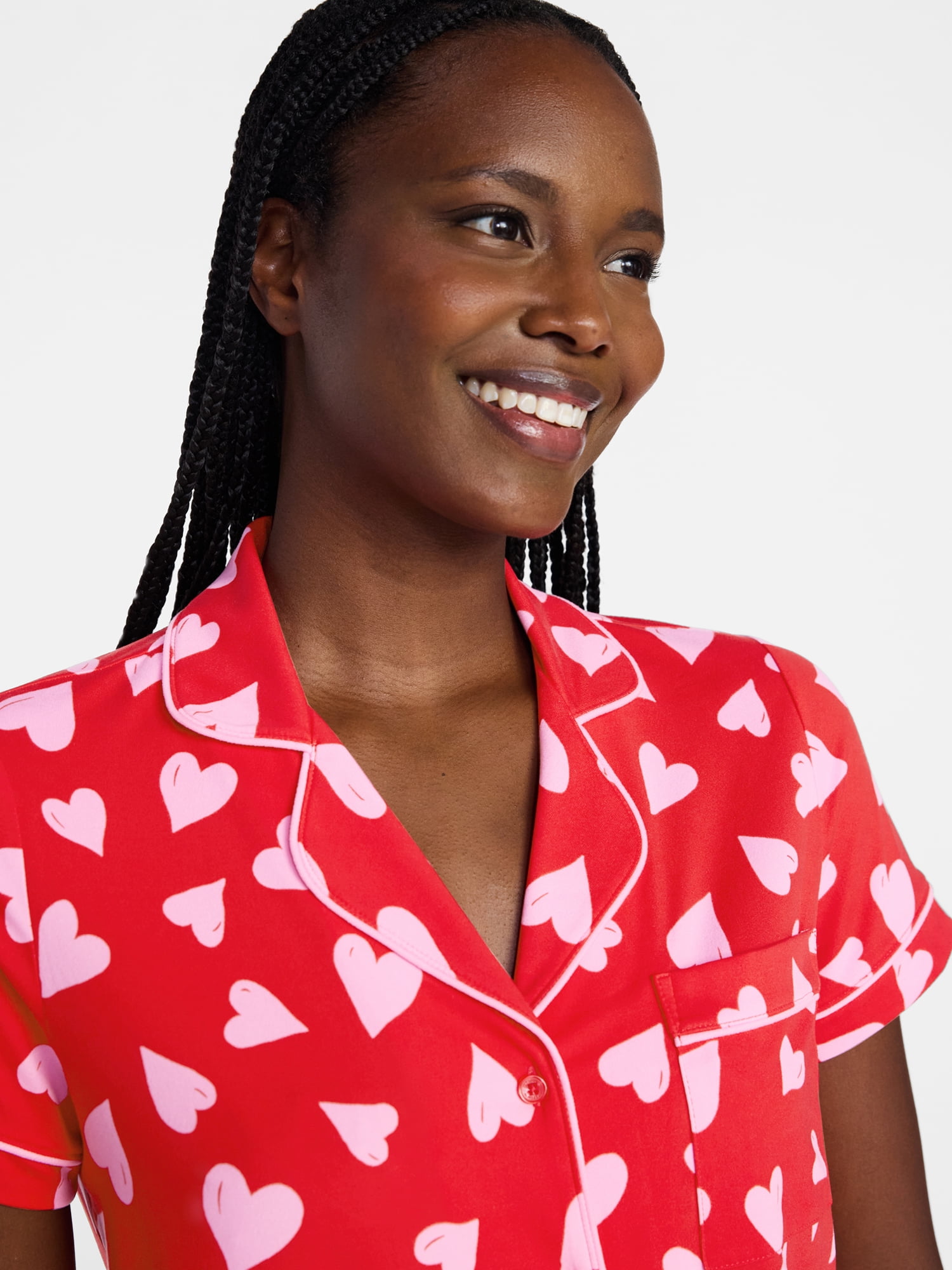 Joyspun Women's Dreamy Soft Collection Notch Collar Top and Shorts Valentine's Day Pajama Set, 2-Piece, Sizes XS-3X