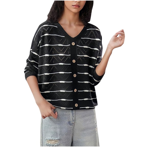 Tbopshirt Womens Striped Sweater,Fall Sweaters for Women,Long Sleeved V Neck Shirt Blouses Stripe Loose Color Matching
