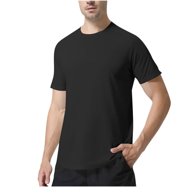 Tops para hombre, blusas y camisas de cuello redondo y manga corta para hombre, blusas deportivas elásticas transpirables de color sólido, casuales, de manga corta y cuello redondo para hombre.