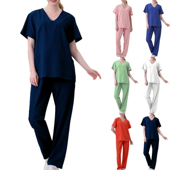 BiZtdJrK Women's Nursing Scrubs Solid Classic Medical Uniform V Neck Short Sleeve Tops and Pants Two Piece Sets with Pockets Birthday Gift Navy M