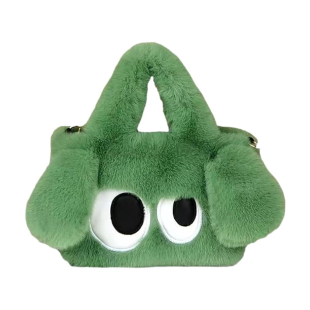 Bolso de mano peludo tipo cartera, suave, con dibujos animados y correa para el hombro, divertido y casual. Verde