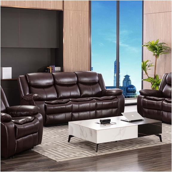 JERFIT Dark Brown Leather 3-Piece Reclining Sofa Set with Manual Recliners, Loveseat and Recliner Sectional for Living Room