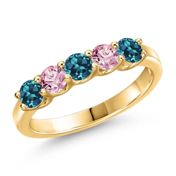 Gem Stone King 18K Yellow Gold Plated Silver London Blue Topaz and Pink Lab Grown Diamond Wedding-Bands Ring for Women | 1.02 Cttw | Round 3.5MM | Gemstone November Birthstone | Size 5
