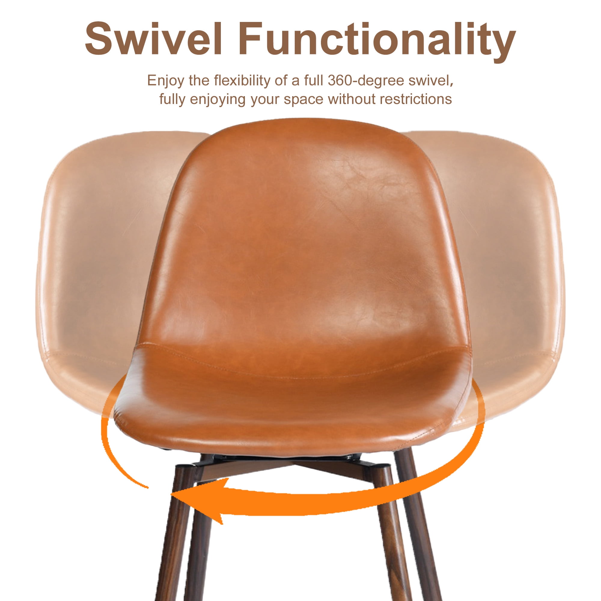 Homy Casa 26" Swivel Counter Height Bar Stools, Set of 2, Cognac Faux Leather, Wood-Look Metal Legs