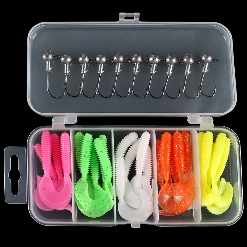Fishing Lures Jigs Boxed Soft Baits for Bass and Perch, Soft Worms with Spiral Tail, Imitation Bait, Jig Head Hooks
