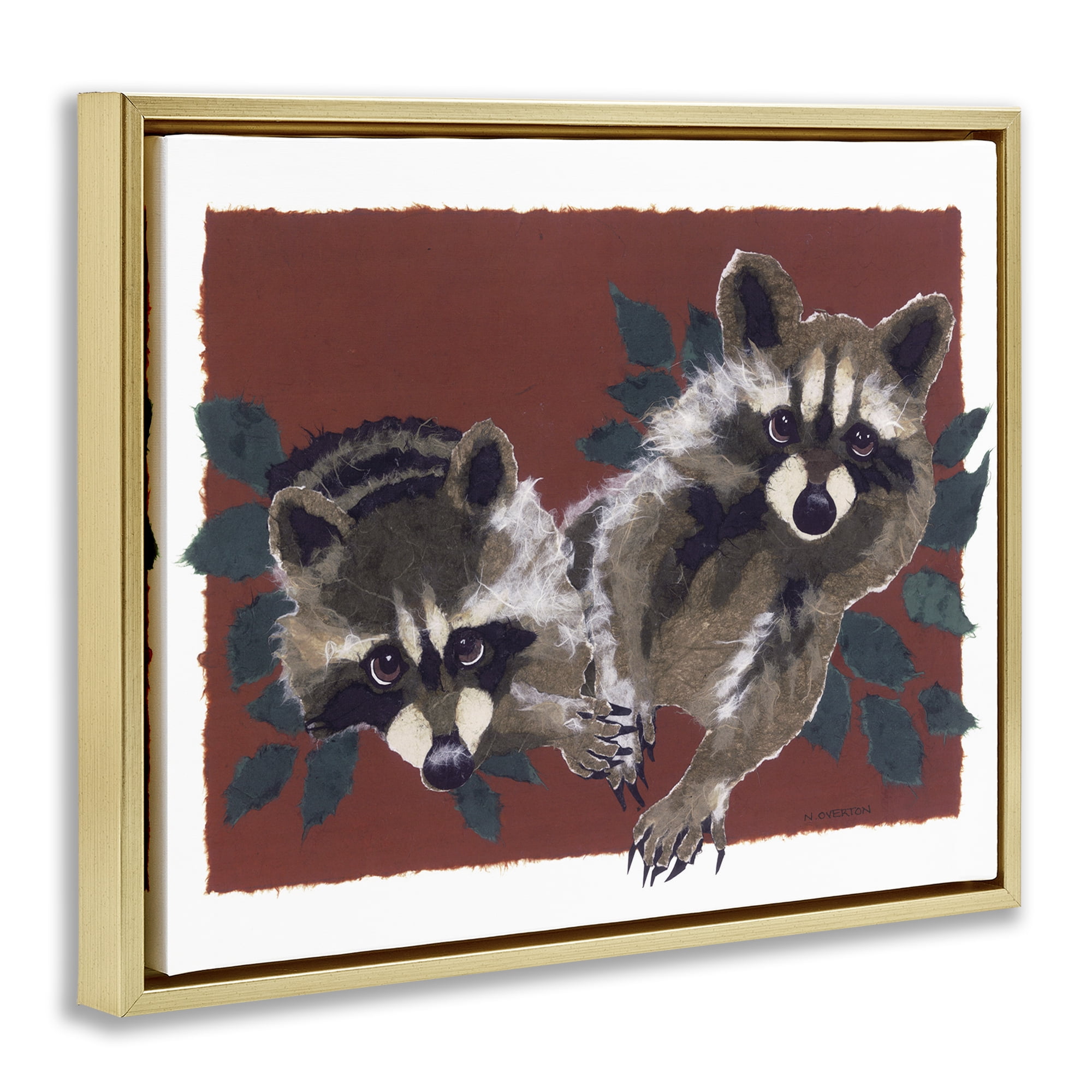 Stupell Industries Two Raccoons & Leaves Animals & Insects Painting Gold Floater Framed Canvas Art Print Wall Art, 21 x 17