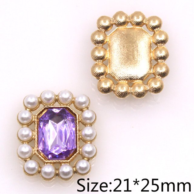 20Pcs/Lot 21*25MM Alloy Pearl Rhinestone Flat Bottom Sewing Buckle Handmade DIY Apparel Wedding Decoration Accessories Light Purple