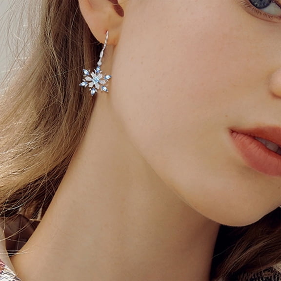 FENGGHAO Light Blue Snowflake Dangle Earrings Winter Crystal Elegant Sparkling Party Jewelry for Women